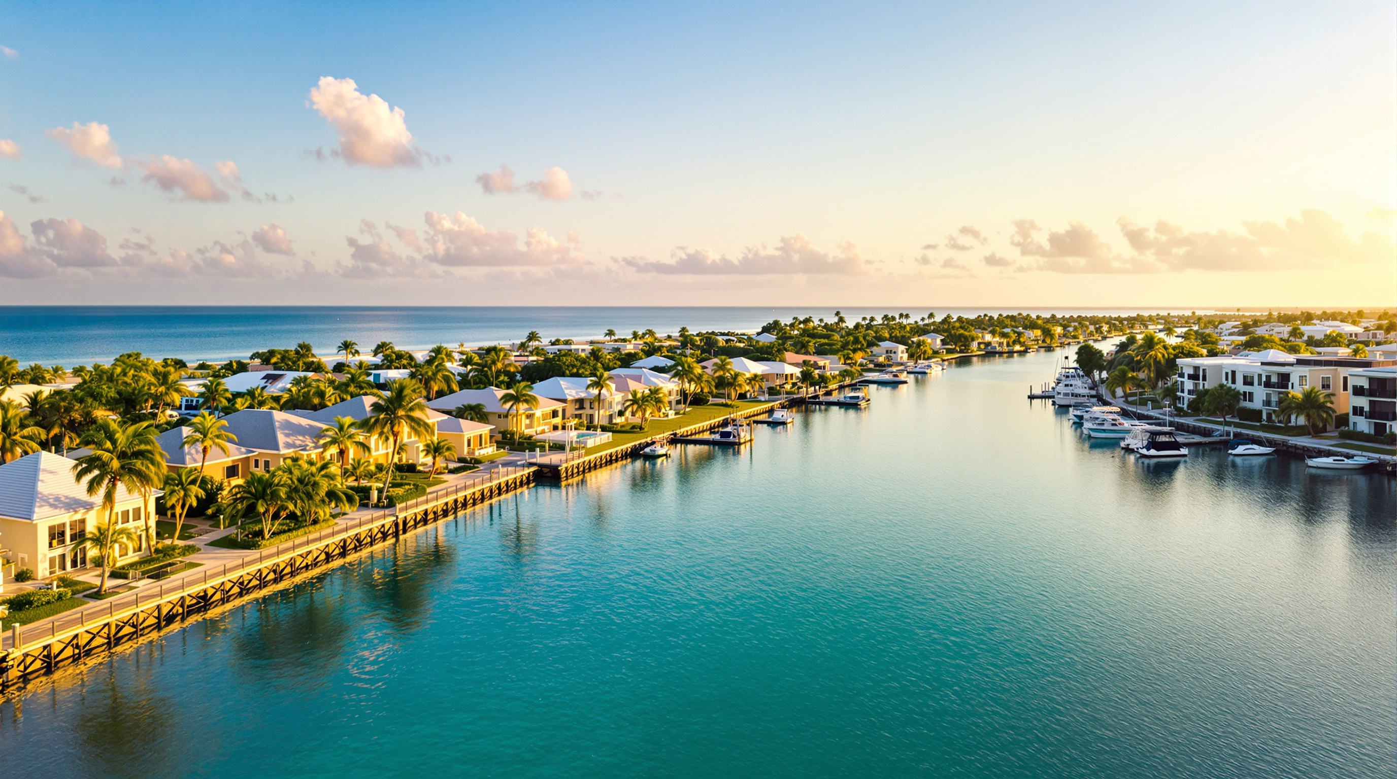 Waterfront residential homes and condos along a calm channel in the Clearwater area at golden hour