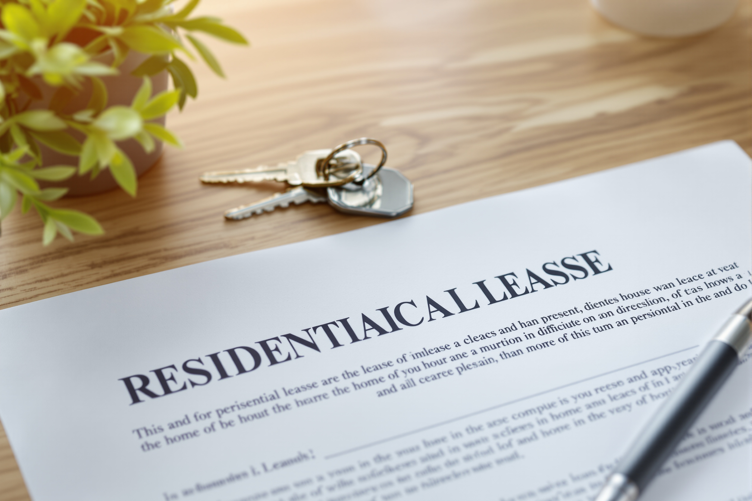 A residential lease document and keys on a desk