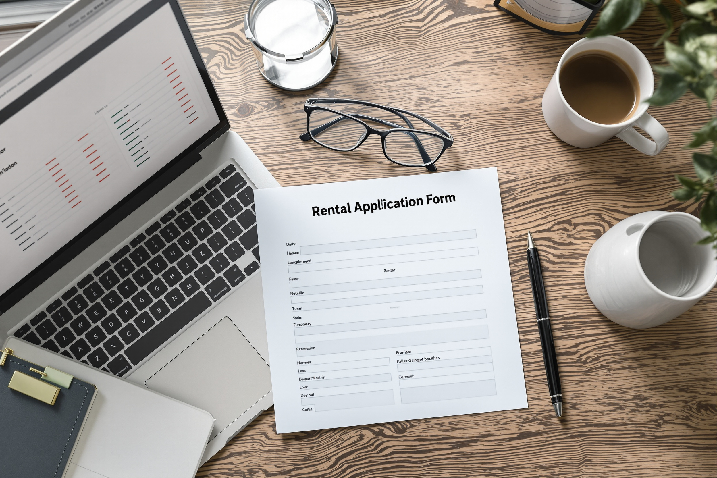 A desk set up for reviewing rental applications