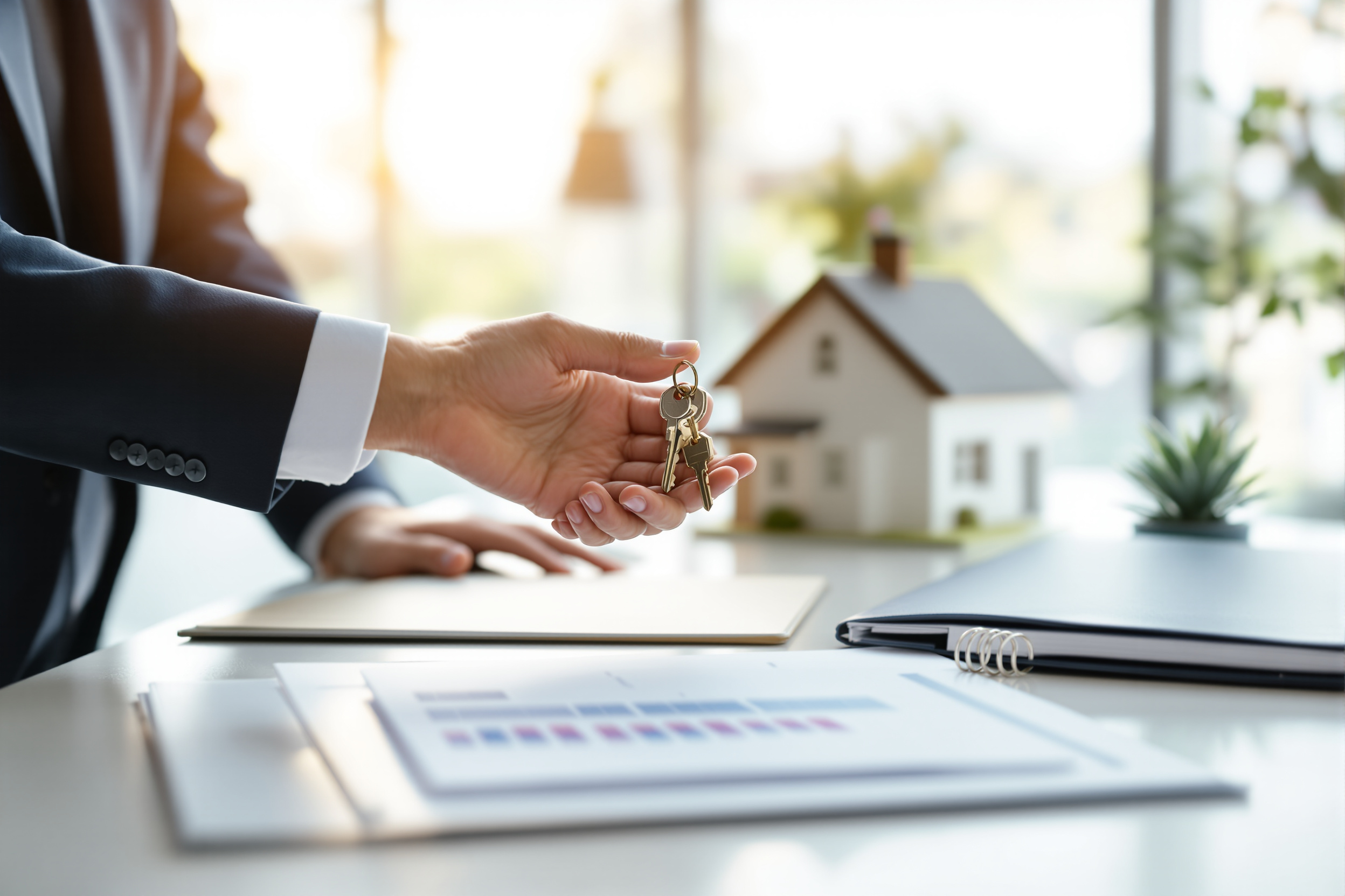House keys handed across a desk, representing property management services